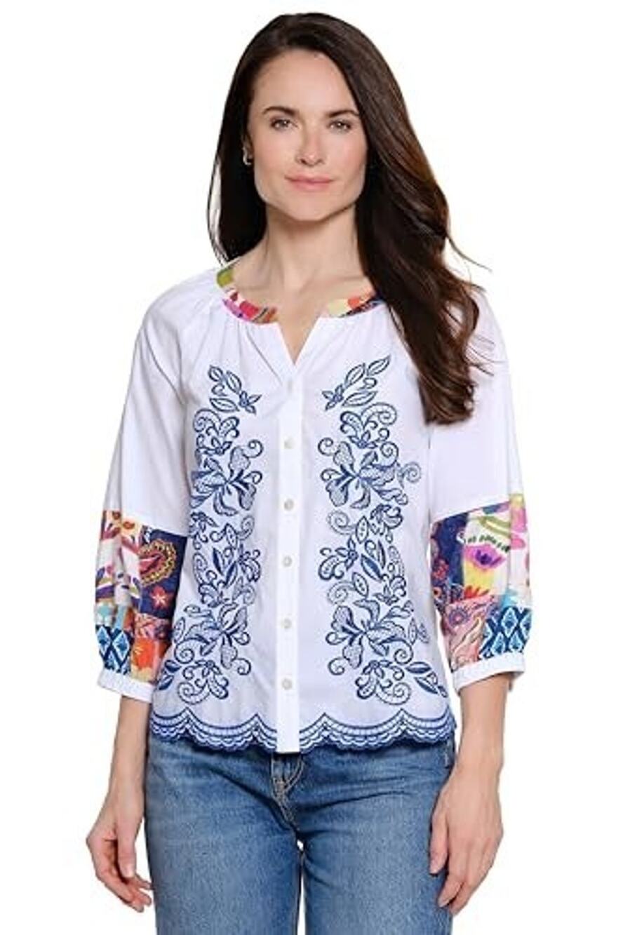 John Mark 2X Top BOHO White Blue Embroidered Floral Button Up Elastic 3/4 Sleeve
